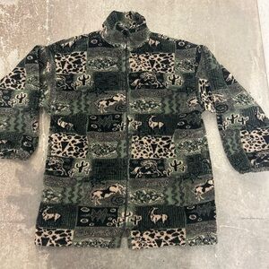 Vintage 90s Yukon Fleece Jacket in Green and Brown western horse cactus motif